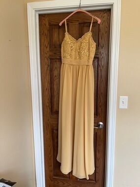 Azazie Mustard Embroidered Spaghetti-Strap Maxi Dress